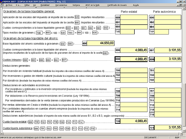 Captura del programa PADRE con el resultado de una declaración de la renta con unos ingresos de 50.000€ provenientes en exclusiva de compra-venta de acciones