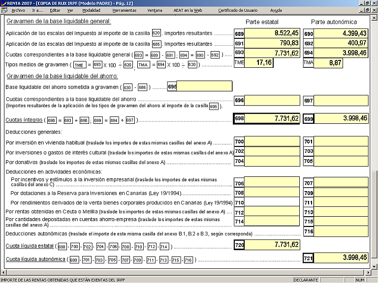 Captura del programa PADRE con el resultado de una declaración de la renta con unos ingresos de 50.000€ provenientes en exclusiva del trabajo por cuenta ajena